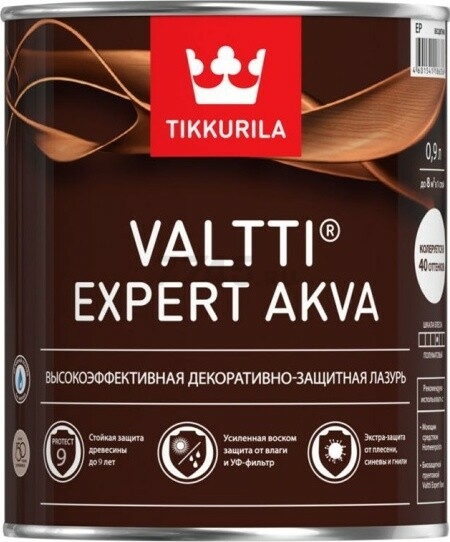 Лазурь высокоэффективная декоративно-защитная TIKKURILA Valtti Expert Akva полуматовая бесцветная 0,9 л (17053)